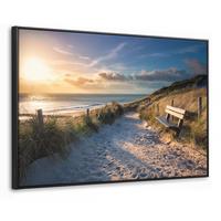 LEINWAND Bilder mit Rahmen - Sonnenuntergang - Strand - Düne - Gras - Ufer - 120x80 - Sandfarben, Textil (120/80cm) - MuchoWow