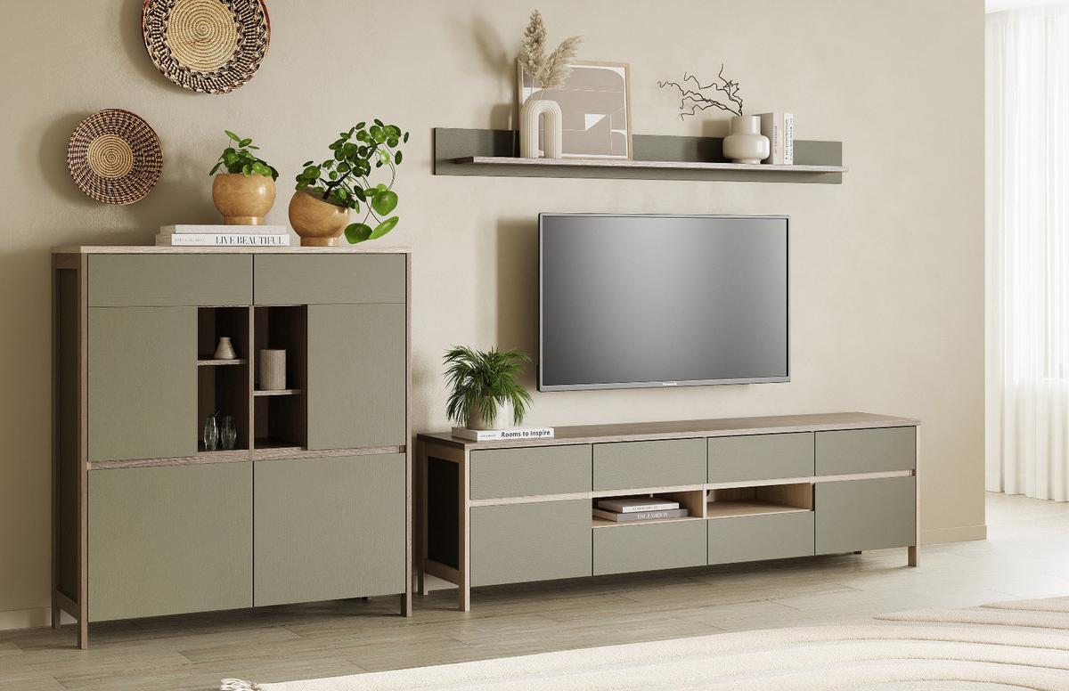 WOHNWAND Salbei grün, Eiche, Wohnkombination skandinavisch 3-teilig 319 cm, Soft-Close - Salbeigrün/Eichefarben, Glas/Holzwerkstoff (319/170/39cm) - Furn.Design