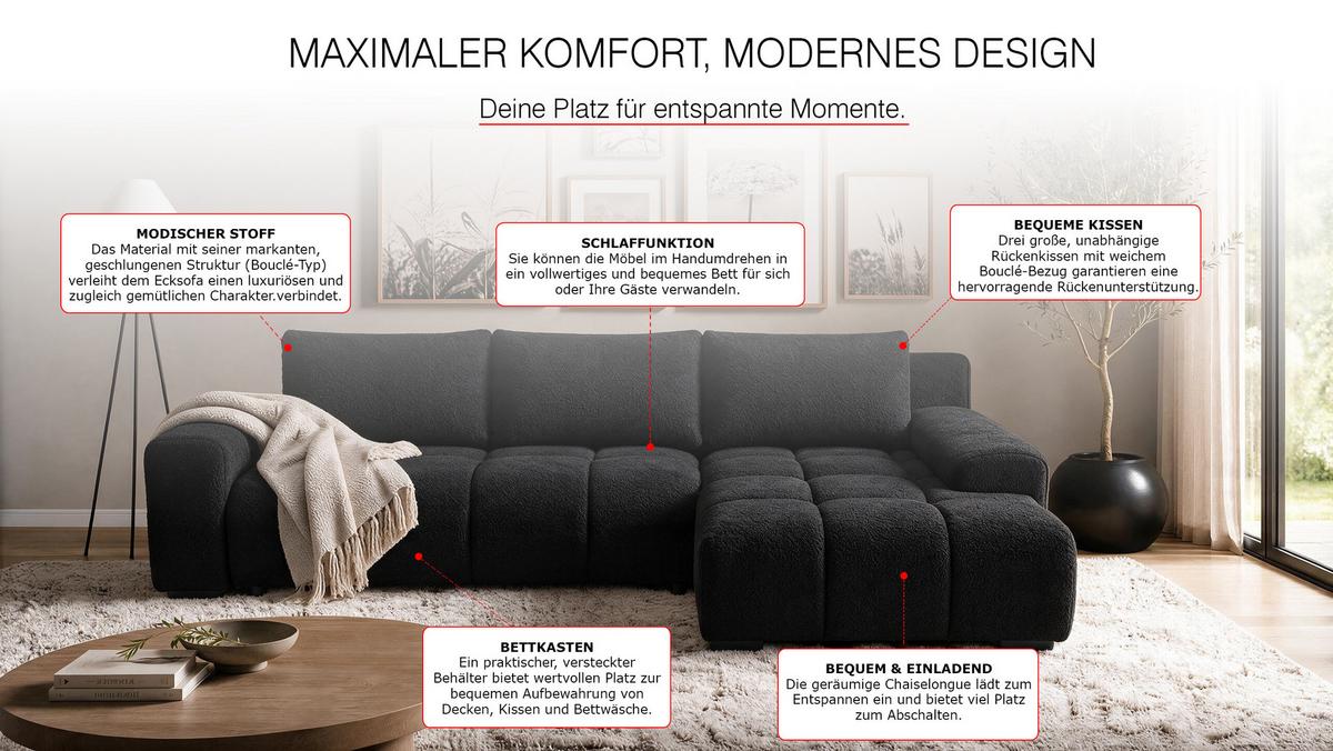 ECKSOFA Ovia mit Bettkasten und Schlaffunktion, Bouclé-Stoff in L-Form - Schwarz, Textil (270/185cm)