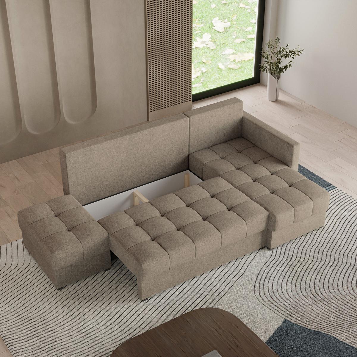 ECKSOFA LUMARI R-S Braun Plüsch-Stoff mit Schlaffunktion - Braun, Holz (262/143cm) - MASSENO