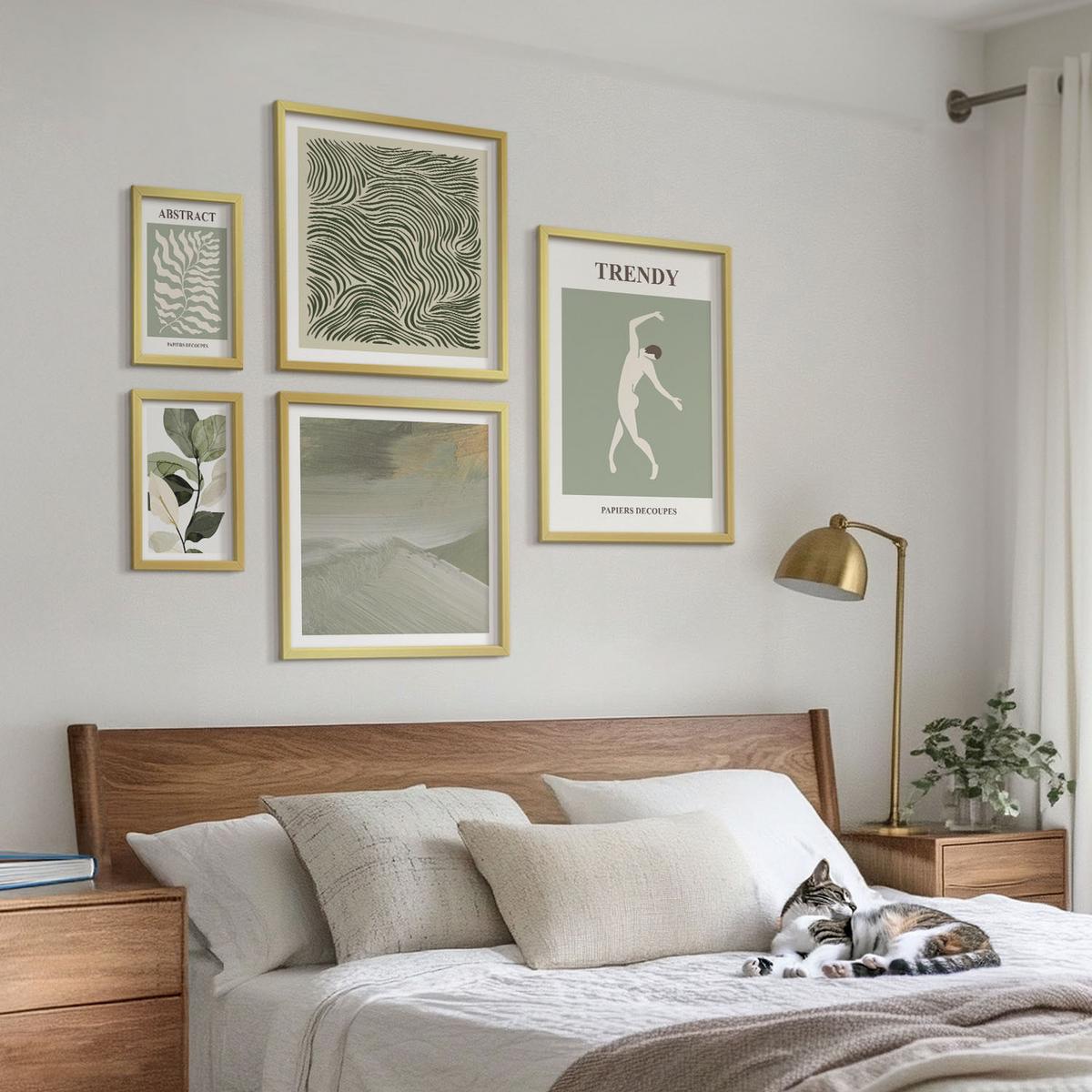 BILDER SET 5er Set - 50x50 cm & 20x30 cm & 40x60 cm Goldrahmen - Abstrakte Pflanzenmuster - Goldfarben, Kunststoff (40/60cm) - TULUP