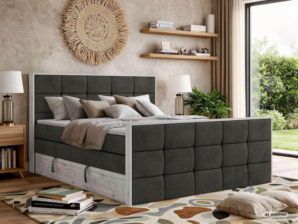 BOXSPRINGBETT ALNOR KING DUO 200/200 - Dunkelgrau Velvet - Topper Visco - H3 - Dunkelgrau/Anthrazit, Kunststoff/Textil (200/200cm) - MKS