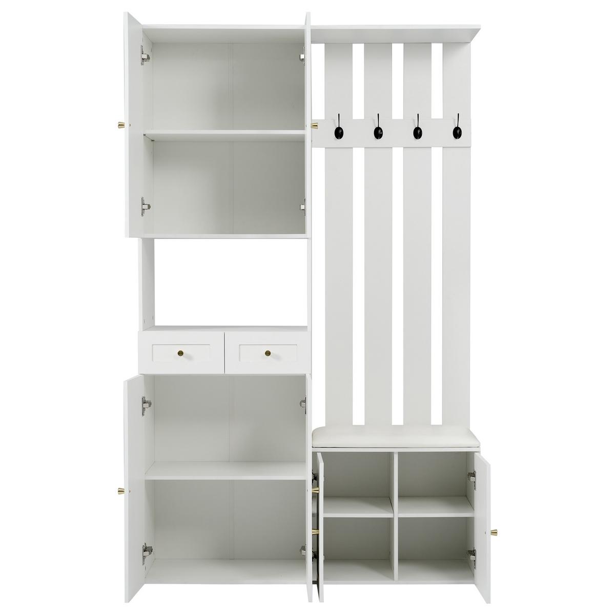 KLEIDERSCHRANK Wandgarderobe mit Schuhbank, 4 Haken, 6 Türen, 2 Schubladen, Weiß - Weiß, Holzwerkstoff (110/180/37cm) - Urban Meuble