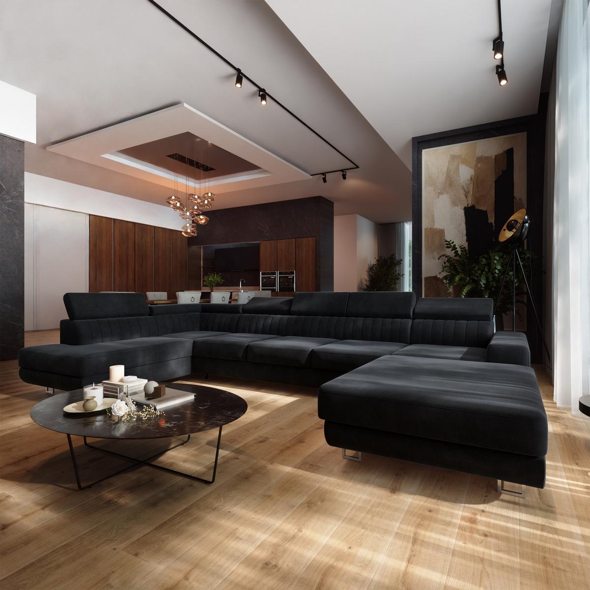 WOHNLANDSCHAFT GAIAN Schwarz Velours-Stoff mit Schlaffunktion - Schwarz, Holz (412/88/190cm) - MASSENO