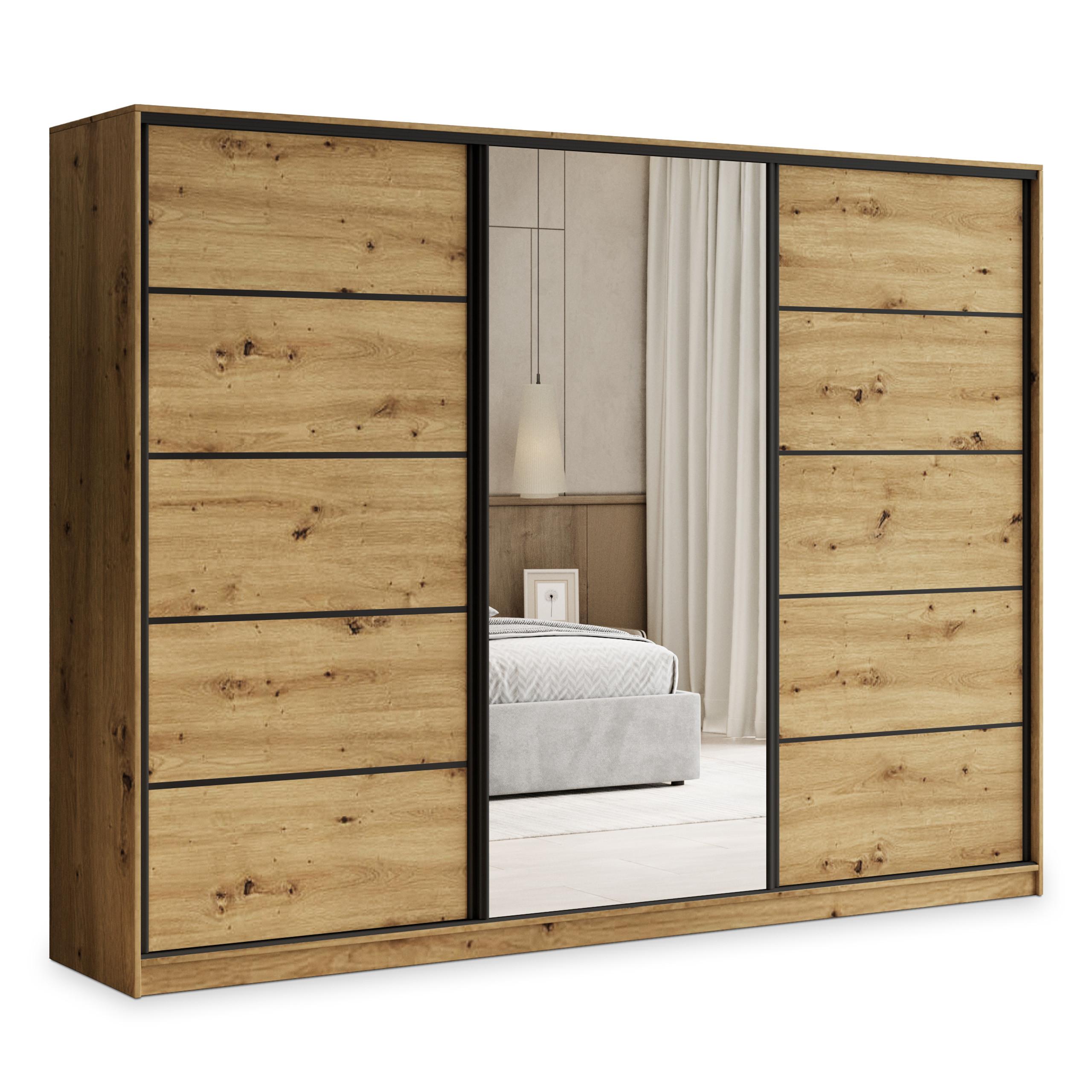 SCHWEBETÜRENSCHRANK PINA 270/205/58 cm 3-türig mit Spiegel und 4 Schubladen Eiche Artisan - Eiche Artisan, Holzwerkstoff (270/205/58cm) - MASSENO