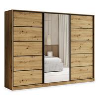 SCHWEBETÜRENSCHRANK PINA 270/205/58 cm 3-türig mit Spiegel und 4 Schubladen Eiche Artisan - Eiche Artisan, Holzwerkstoff (270/205/58cm) - MASSENO