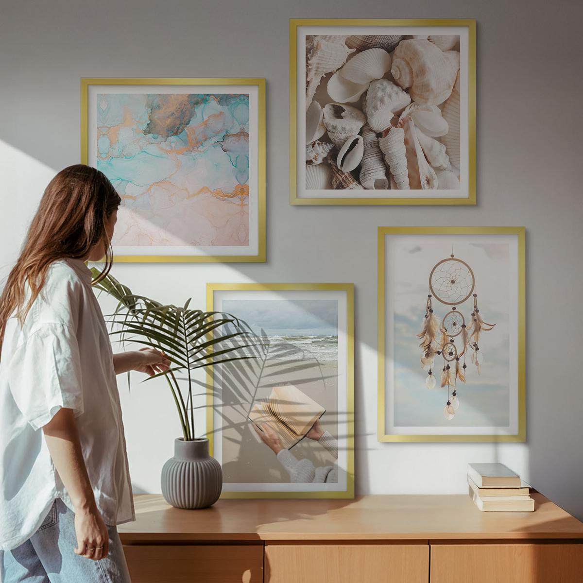 BILDER SET 4er Set - 50x50 cm & 40x60 cm Goldrahmen - Boho-Buch mit Muscheln - Goldfarben, Kunststoff (50/50cm) - TULUP