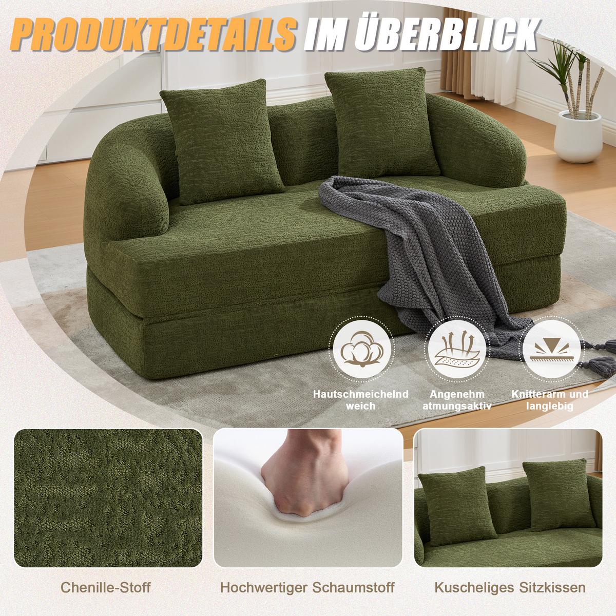 SCHLAFSOFA 2-in-1 Klappbett Grün Chenille 2-Sitzer mit Kissen - Grün, Textil (157/65/84cm) - Urban Meuble