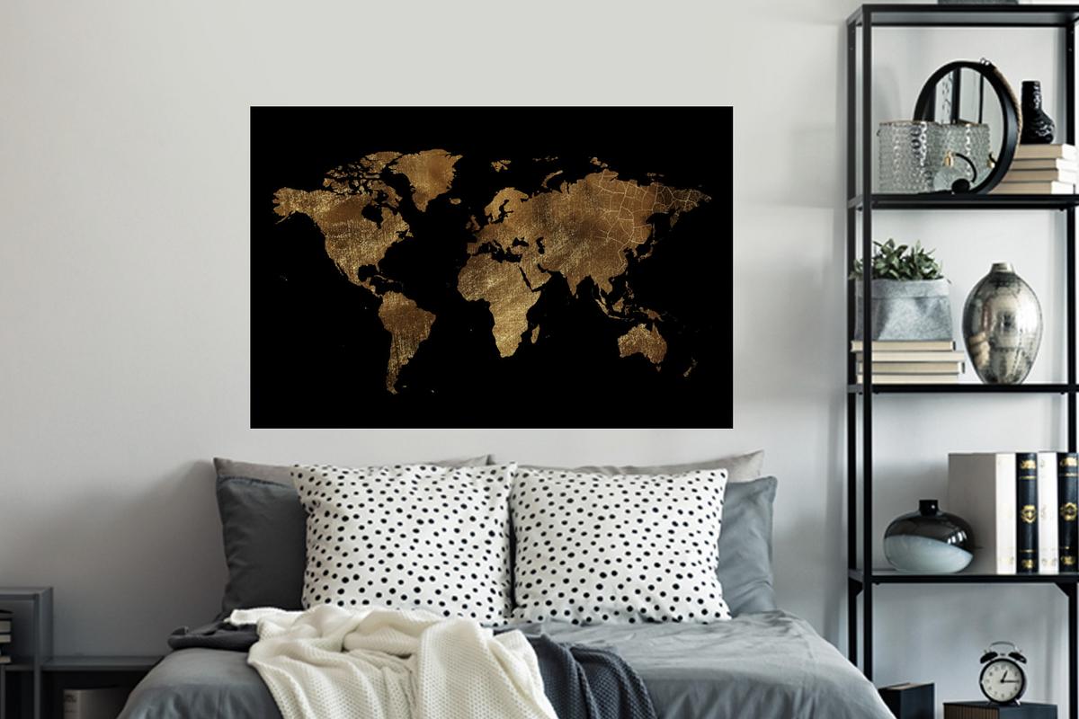 WANDTATTOO Weltkarte - Gold - Luxus - Erde - Schwarz Wandsticker 120x80 cm - Goldfarben, Kunststoff (120/80/0.1cm) - MuchoWow