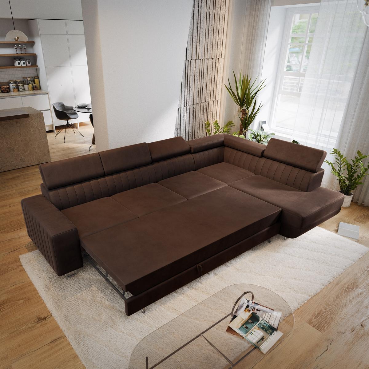 ECKSOFA HESTION Braun Velours-Stoff mit Schlaffunktion - Braun, Holz (332/190cm) - MASSENO