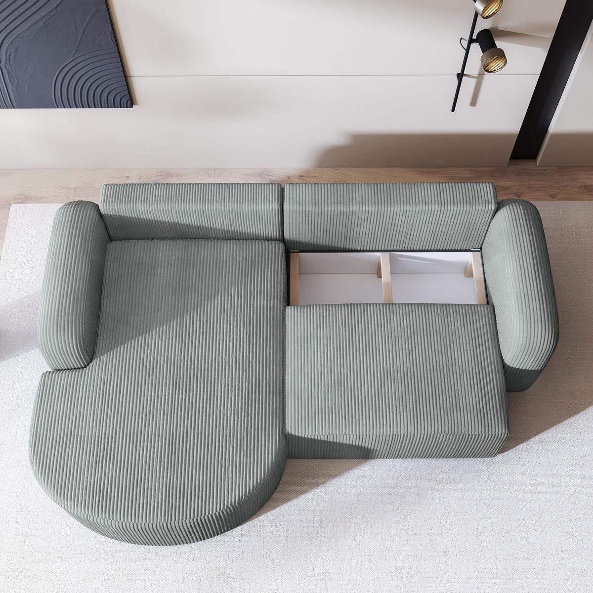 ECKSOFA AMILIA P L-S Hellgrau Kordstoff mit Schlaffunktion - Hellgrau, Holz (263/174cm) - MASSENO