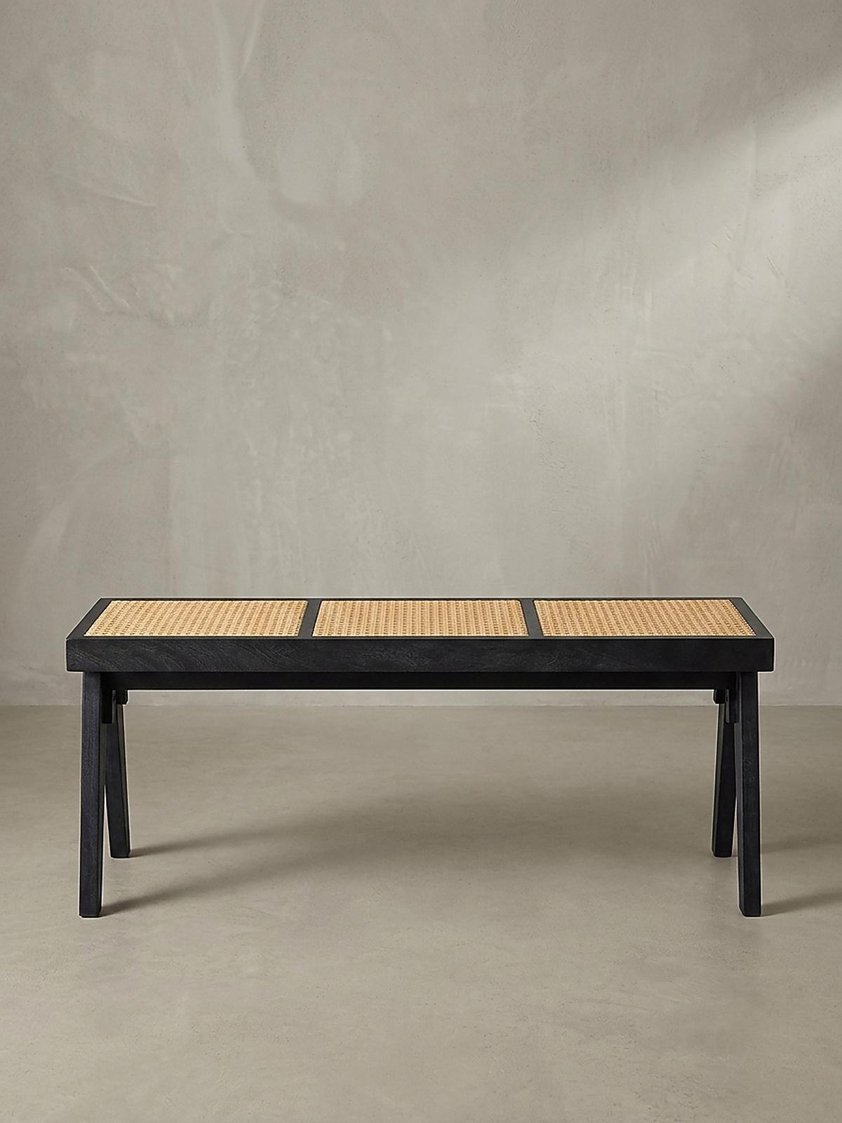 SITZBANK SILVES, Rattan, Schwarz-Natur, 120 x 38 x 48 cm - Beige/Schwarz, Akazienholz/Naturmaterialien (120/48/38cm) - KADIMA DESIGN
