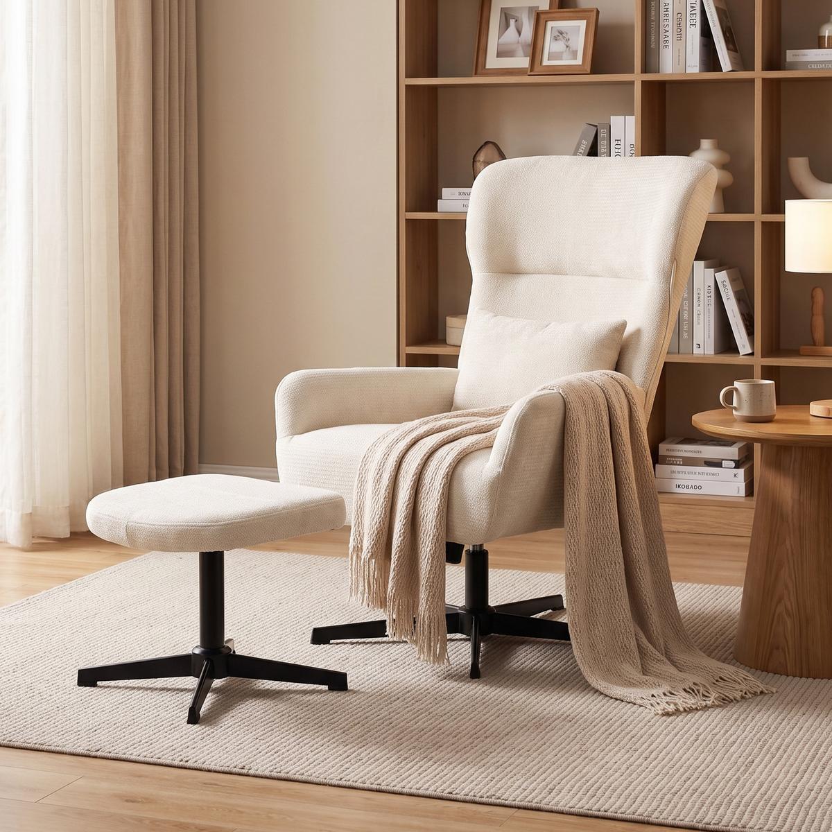 RELAXSESSEL-MIT-HOCKER 2er Set Polyester Cremeweiß - Creme/Schwarz, Textil/Metall (88/104/71cm) - HOMCOM