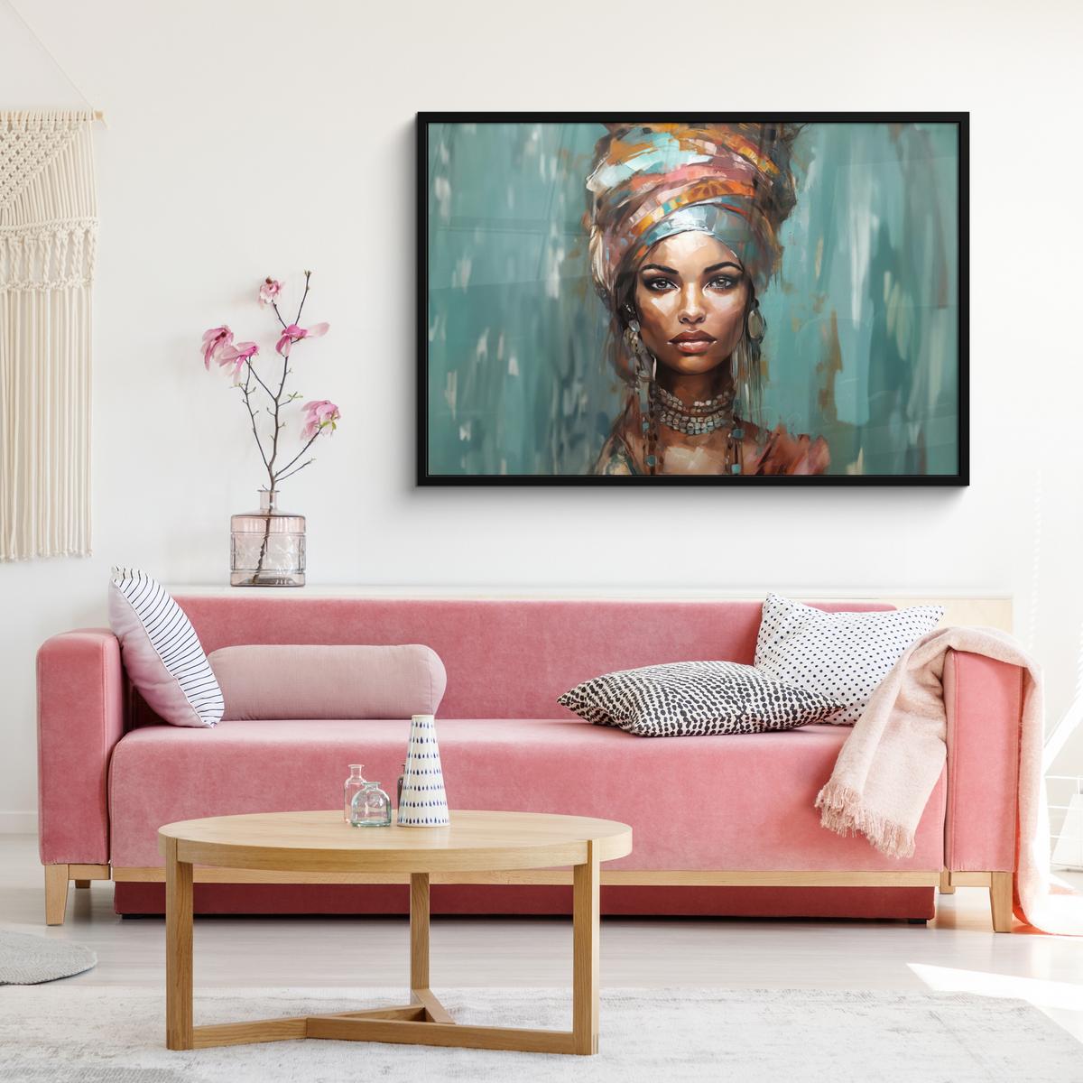 POSTER MIT RAHMENGERAHMTES BILD Frau - Kunst - Schmuck - Porträt 120x80 cm - Blaugrau, Papier (120/80cm) - MuchoWow