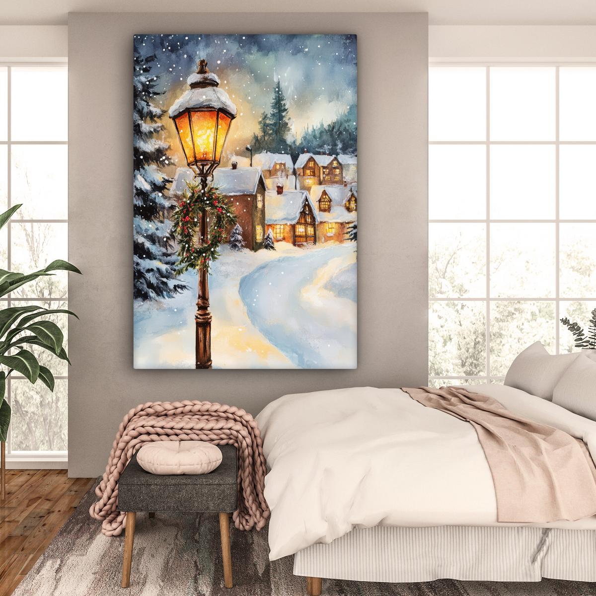 LEINWANDBILD Weihnachtsdorf - Häuser - Schnee - Weihnachten Deko Groß 90x140 cm - Sandfarben, Textil (90/140cm) - MuchoWow