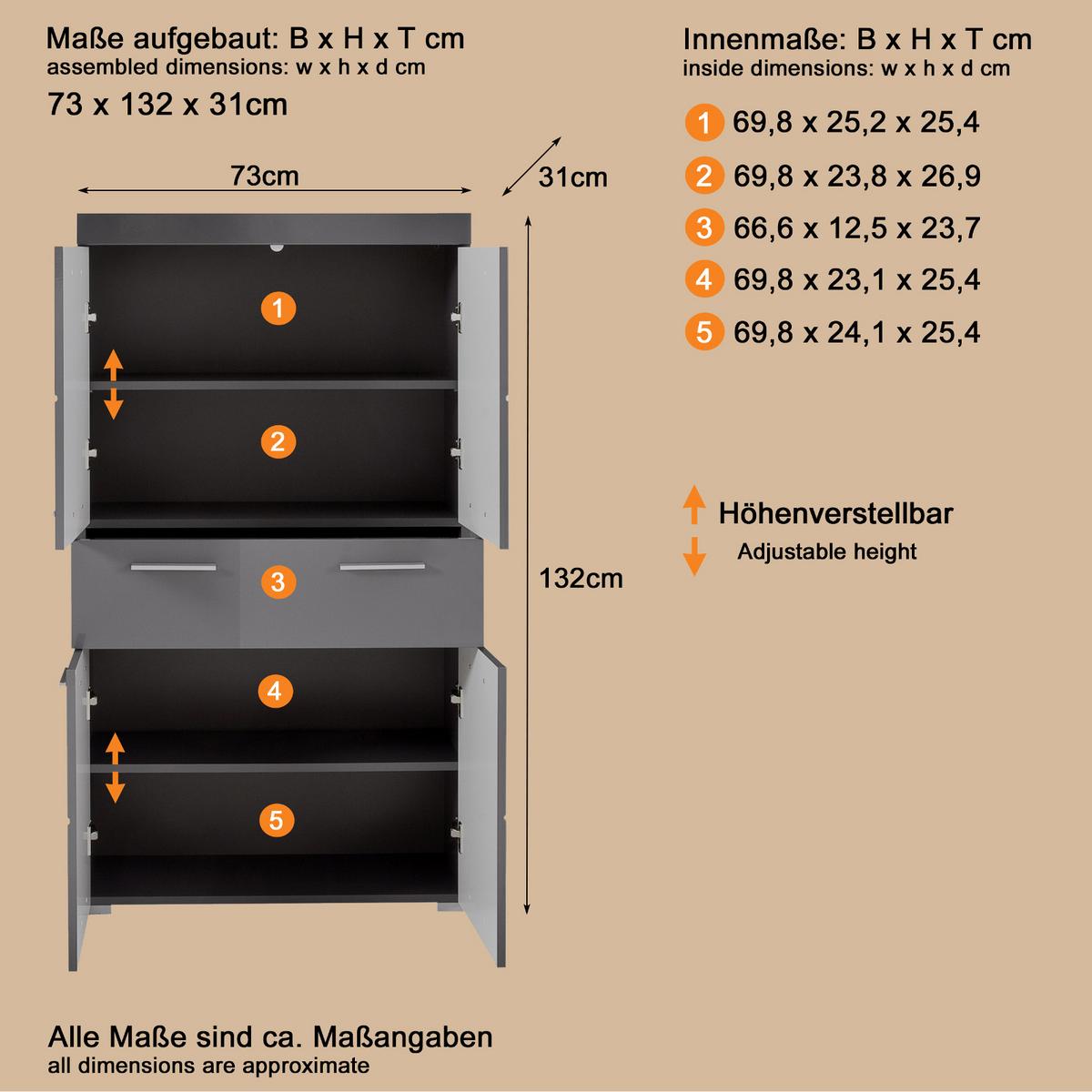 MIDISCHRANK grau Hochglanz 73 x 132 cm, Badschrank mit viel Stauraum - Grau, Holzwerkstoff/Kunststoff (73/132/31cm) - Top.Furn