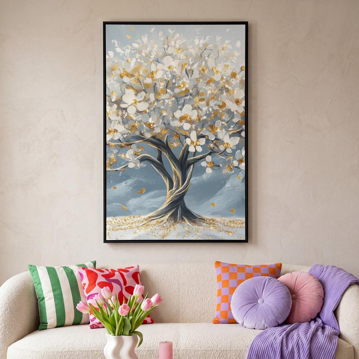 LEINWAND Bilder mit Rahmen - Baum - Winter - Baum des Lebens - Modern - Gold - 80x120 - Goldfarben, Textil (80/120cm) - MuchoWow