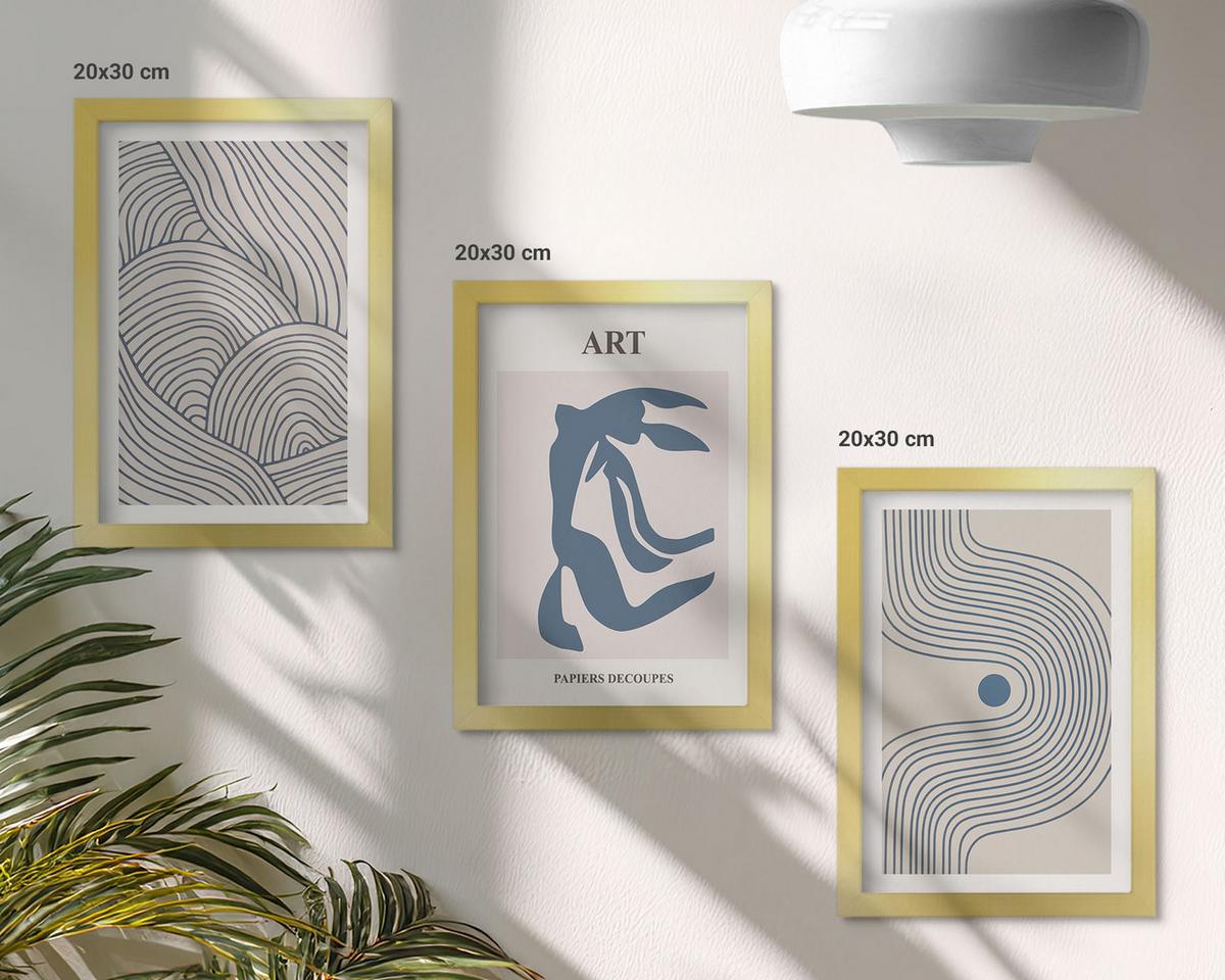 BILDER SET 3er Set - 20x30 cm Goldrahmen - Abstrakte blaue Linien - Goldfarben, Kunststoff (20/30cm) - TULUP