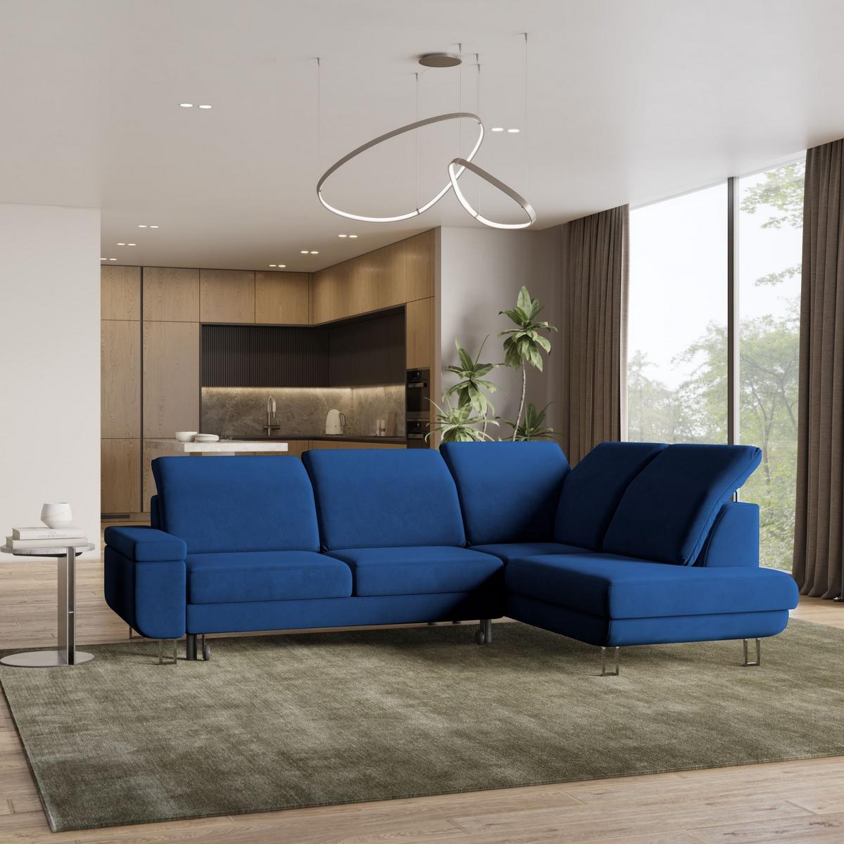 ECKSOFA LERMA R-S Blau Velours-Stoff mit Schlaffunktion - Blau/Silberfarben, Holz/Textil (253/190cm) - MASSENO