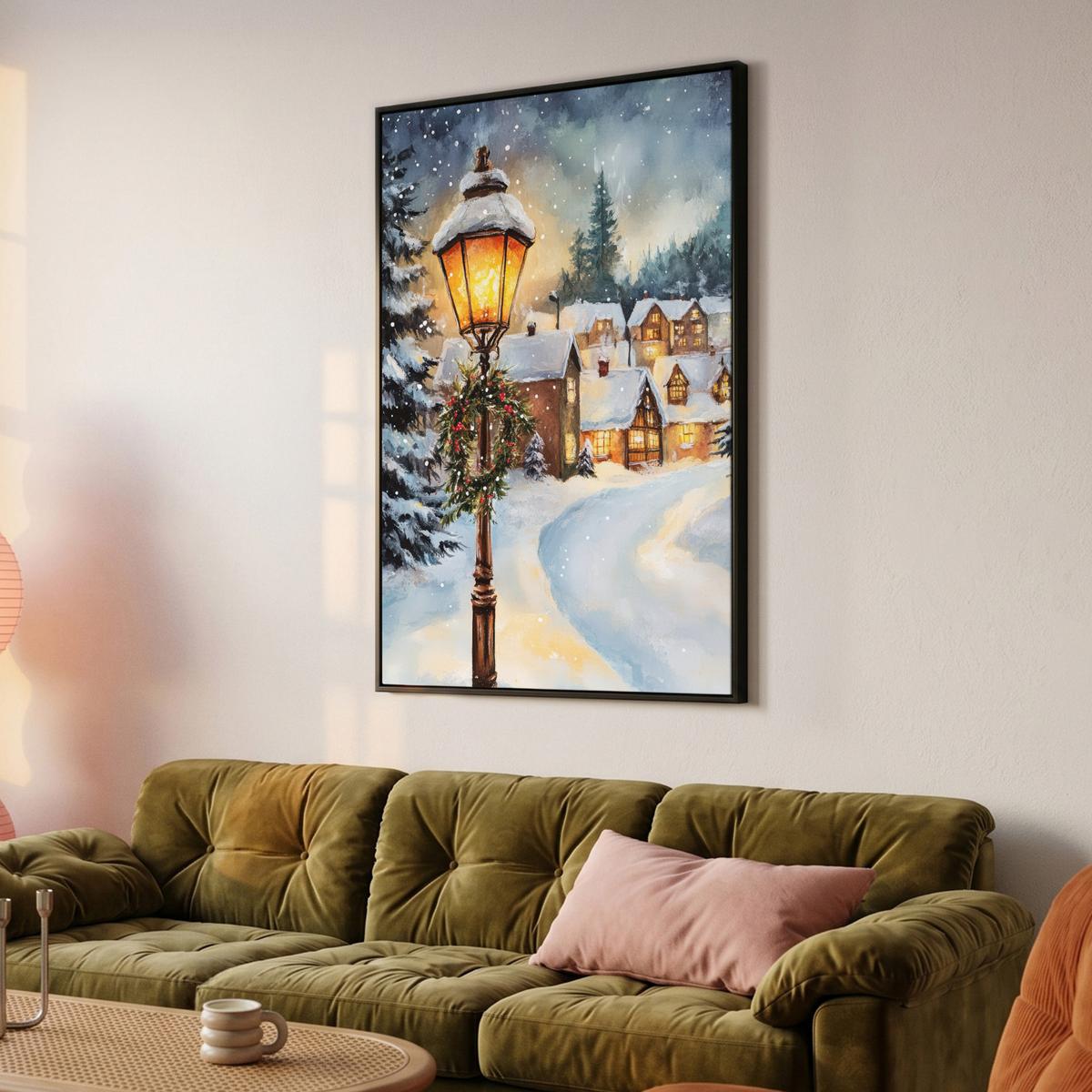 LEINWAND Bilder mit Rahmen - Weihnachtsdorf - Häuser - Schnee - Weihnachten - 100x150 - Sandfarben, Textil (100/150cm) - MuchoWow