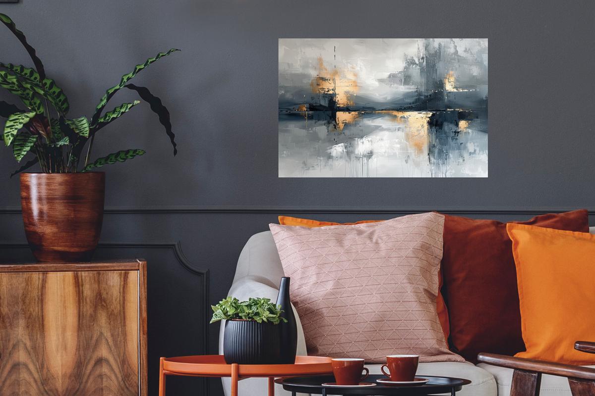 WANDTATTOO Kunst - Grau - Gold - Abstrakt Deko Wohnzimmer 60x40 cm - Dunkelgrau, Kunststoff (60/40/0.1cm) - MuchoWow