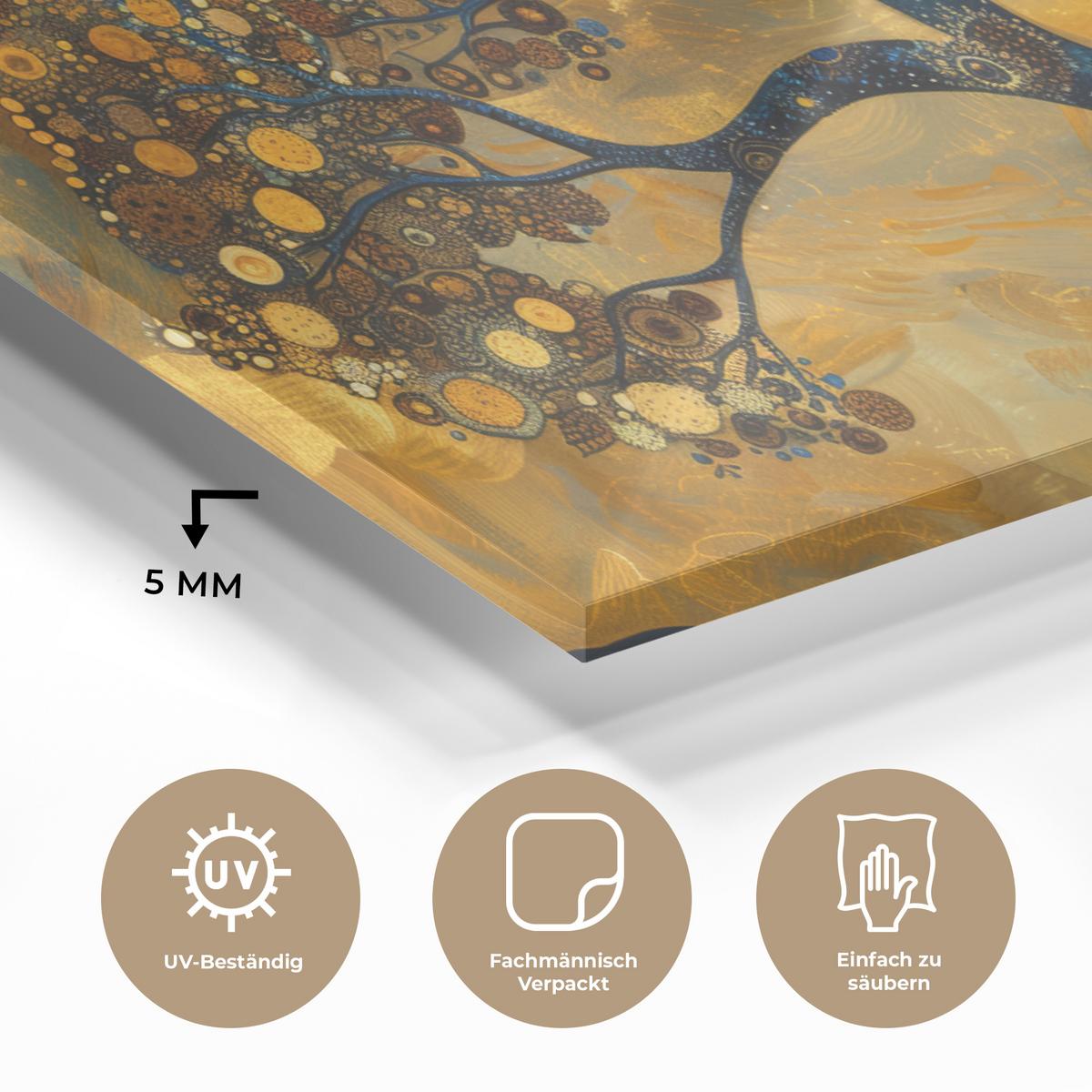 ACRYLGLASBILD Baum - Mond - Blumen - Gold - Kunst 120x60 cm - Orange, Glas (120/60cm) - MuchoWow