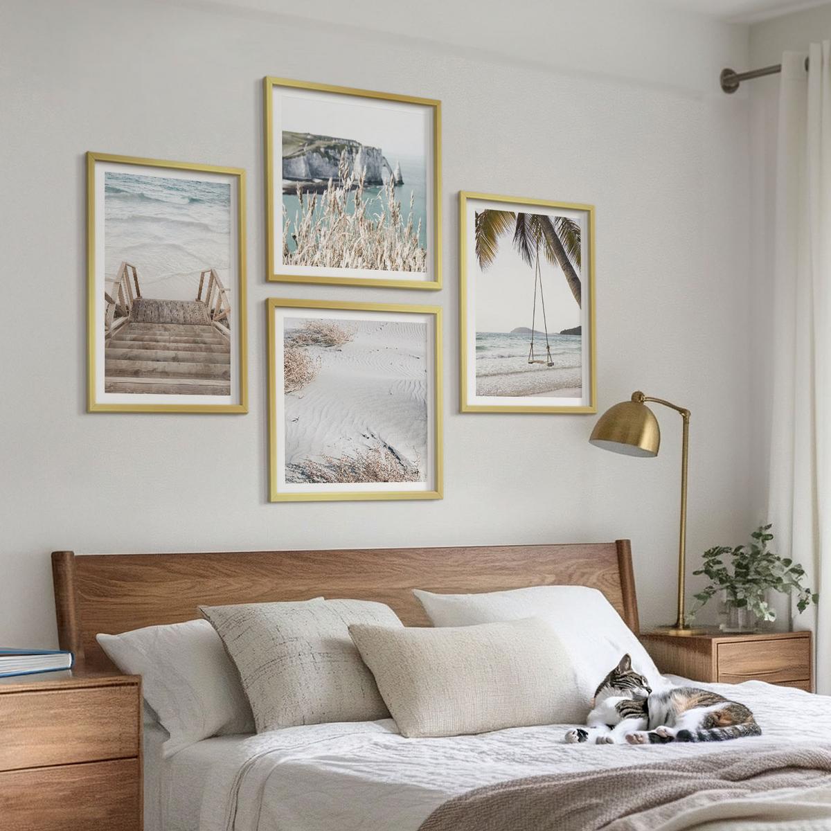 BILDER SET 4er Set - 50x50 cm & 40x60 cm Goldrahmen - Strandtreppe Schaukel Meer - Goldfarben, Kunststoff (50/50cm) - TULUP