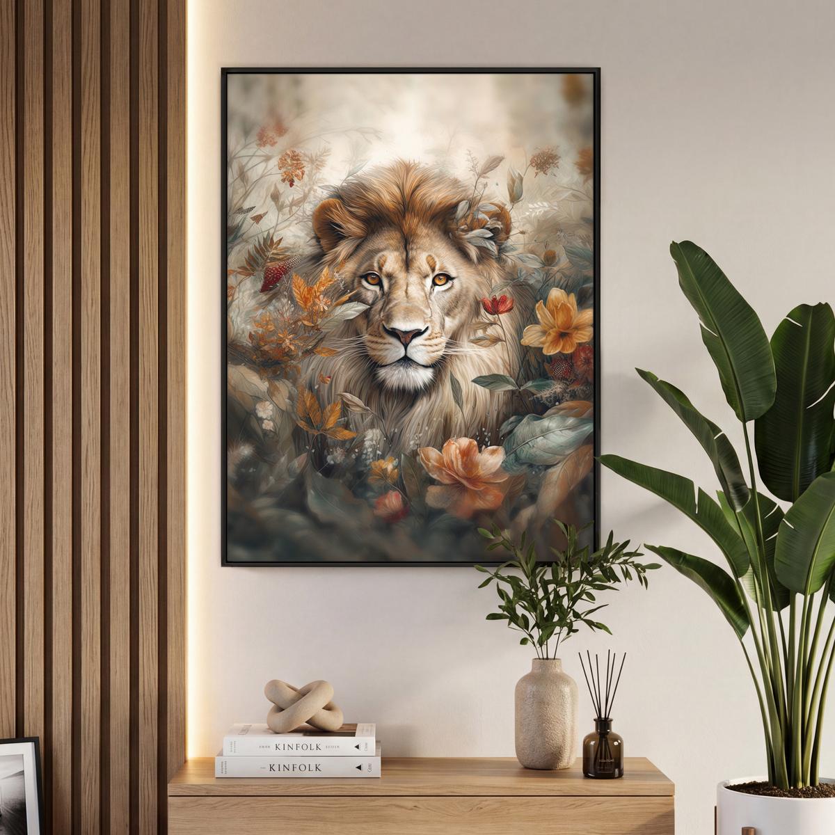 LEINWAND Bilder mit Rahmen - Löwe - Wildtiere - Pflanzen - Natur - Blumen - 70x100 - Beige, Textil (70/100cm) - MuchoWow
