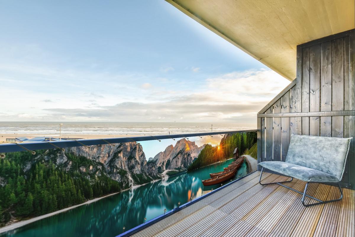 BALKON-SICHTSCHUTZ See - Berge - Sonnenuntergang - Boot Groß 500x80 cm - Petrol, Kunststoff (500/80cm) - MuchoWow