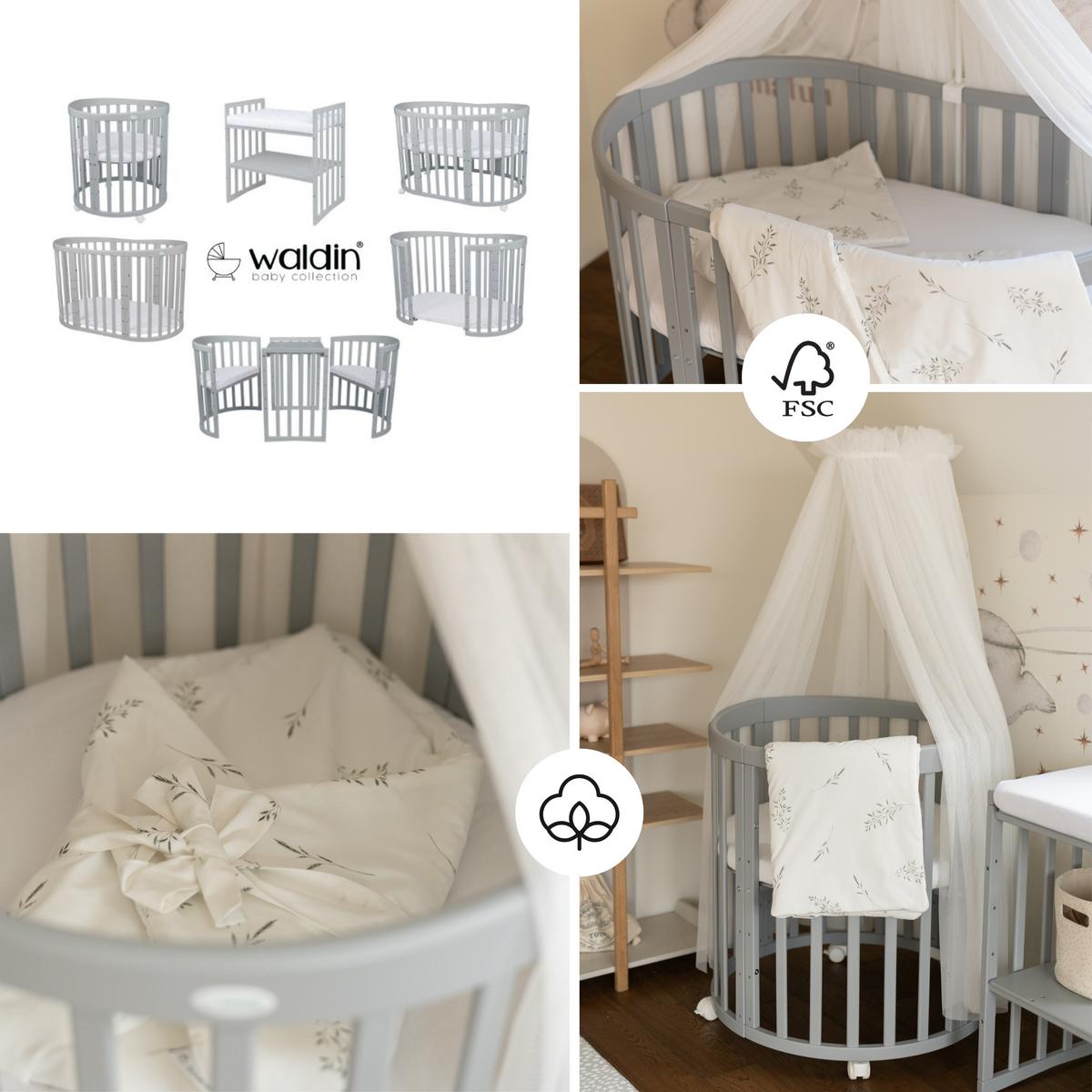 BABYBETT GREY OVAL 7in1 mit Matratze und Himmelset - Weiß/Grau, Holz/Textil (73/125cm) - waldin