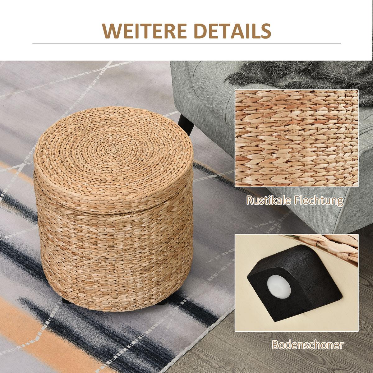 SITZHOCKER mit Stauraum Fußhocker Aufbewahrungsbox Stroh Rattan Khaki - Beige/Schwarz, Holz/Papier (43/43/43cm) - HOMCOM