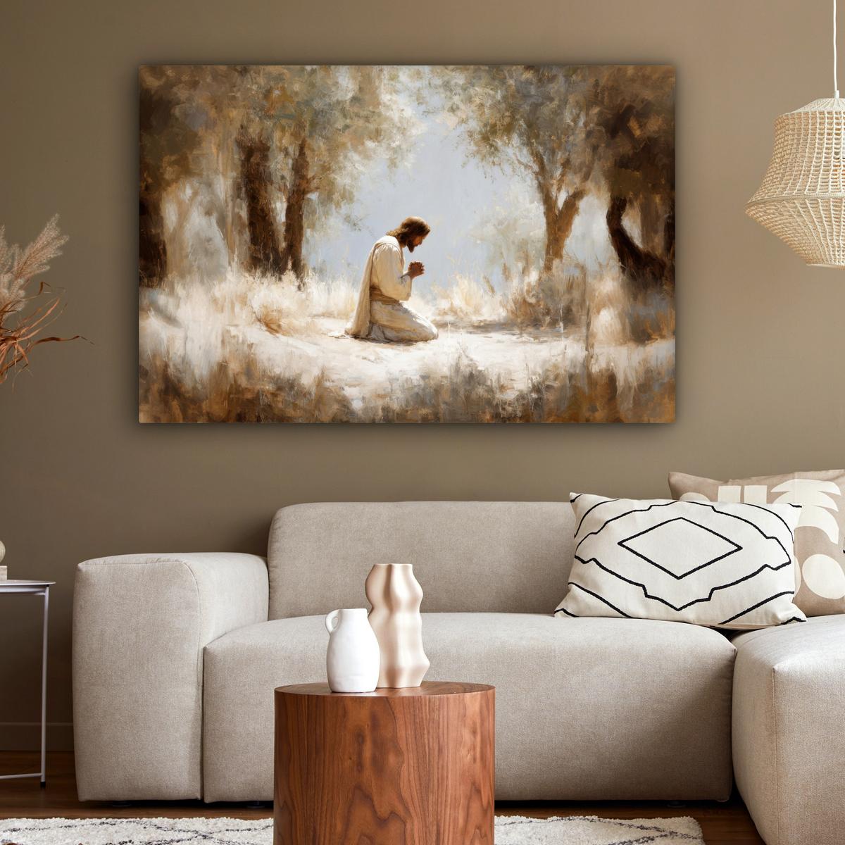 LEINWANDBILD Jesus - Kniend - Waldlandschaft - Betend Groß 140x90 cm - Beige/Hellblau, Textil (140/90cm) - MuchoWow