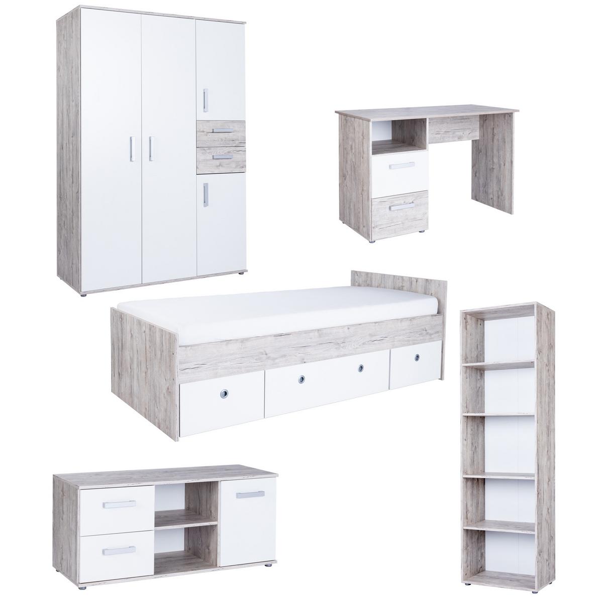 JUGENDZIMMER Mega-Set Bente 5-tlg. - Eichefarben/Silberfarben, Holzwerkstoff/Kunststoff (1/1/1cm) - arthur berndt