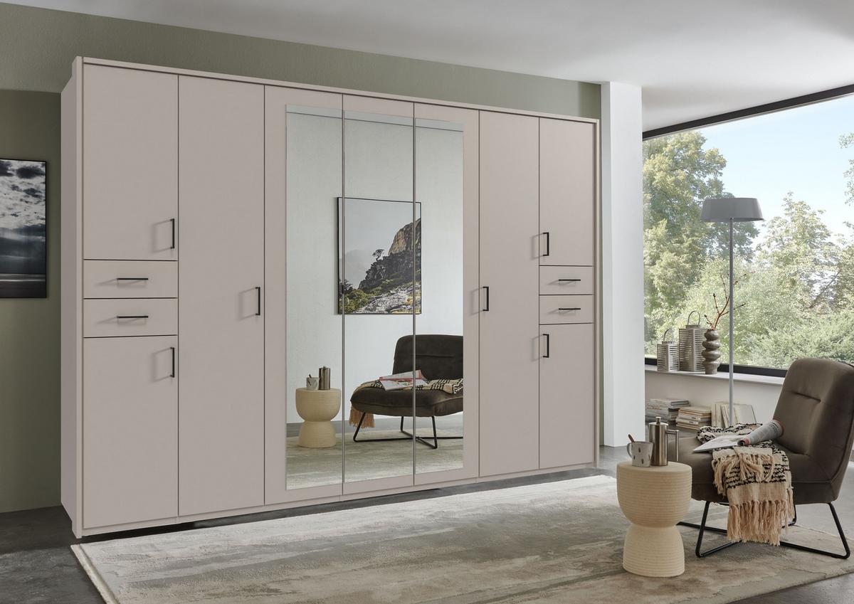 DREHTÜRENSCHRANK B313/H210/T58 cm, Beige Grau, Kleiderschrank m.Passepartout&3Spiegeltüren&Schubkästen,Griffe schwarz/ 22586 - Greige/Beige, Holzwerkstoff/Kunststoff (313/210/58cm) - luma-home