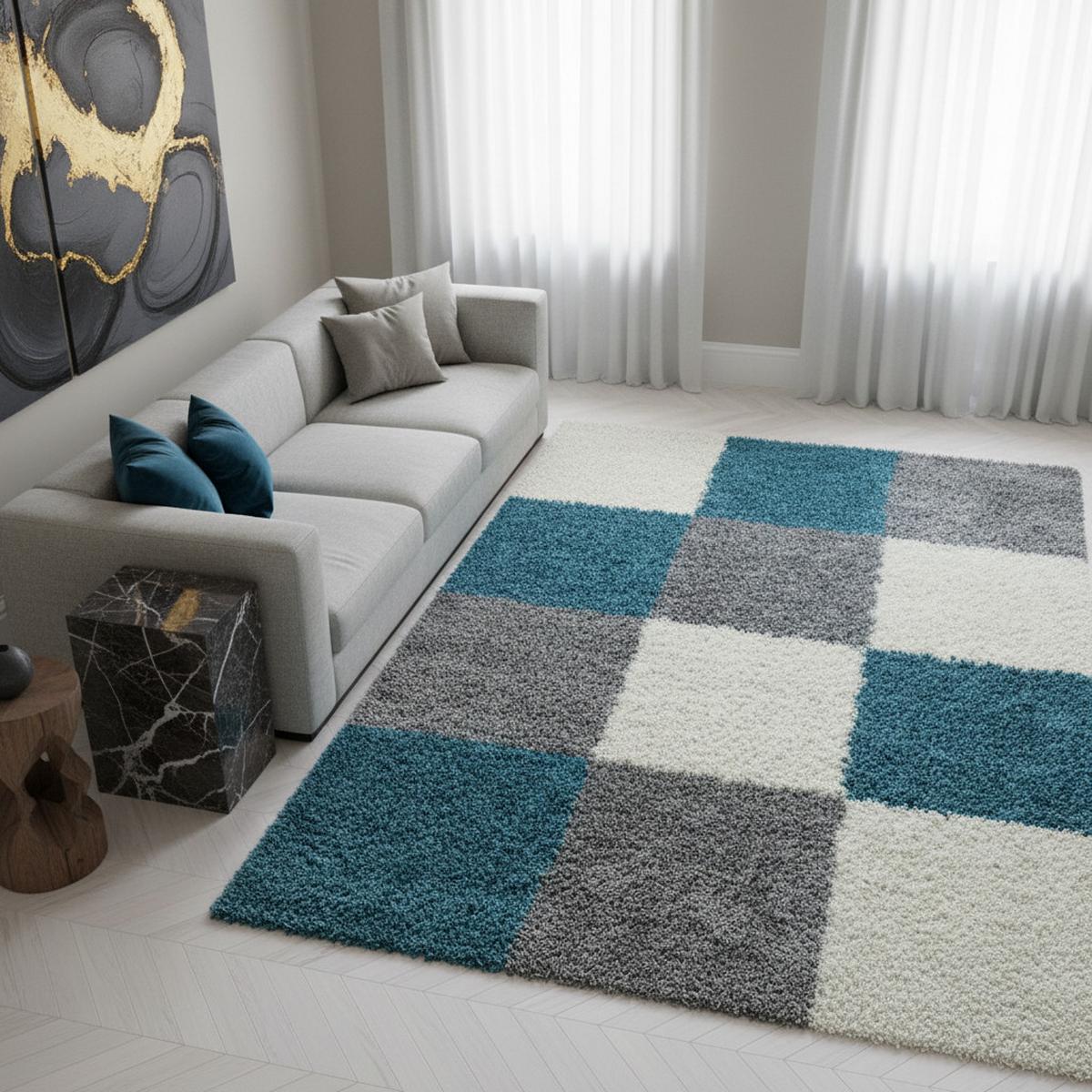 HOCHFLORTEPPICH RHEIN, kariert, Türkis, 200 x 290 cm - Blau, Textil (290/200cm) - KADIMA DESIGN