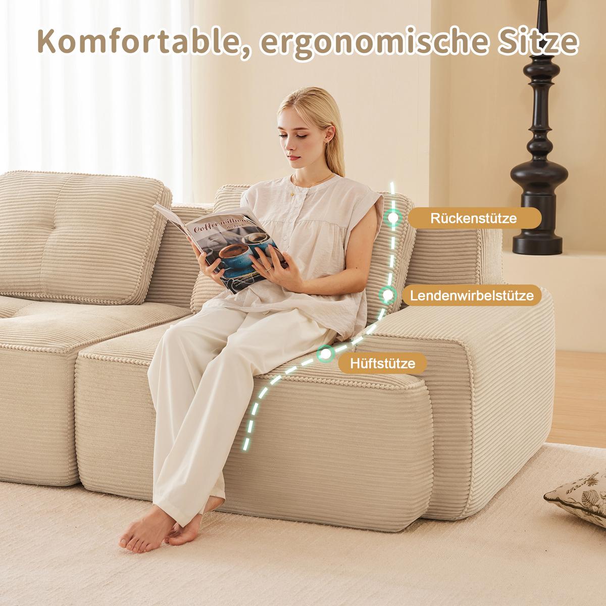 2-SITZER SOFA cord beige modular & extra tiefer sitz - Beige, Textil (204/69/104cm) - Urban Meuble