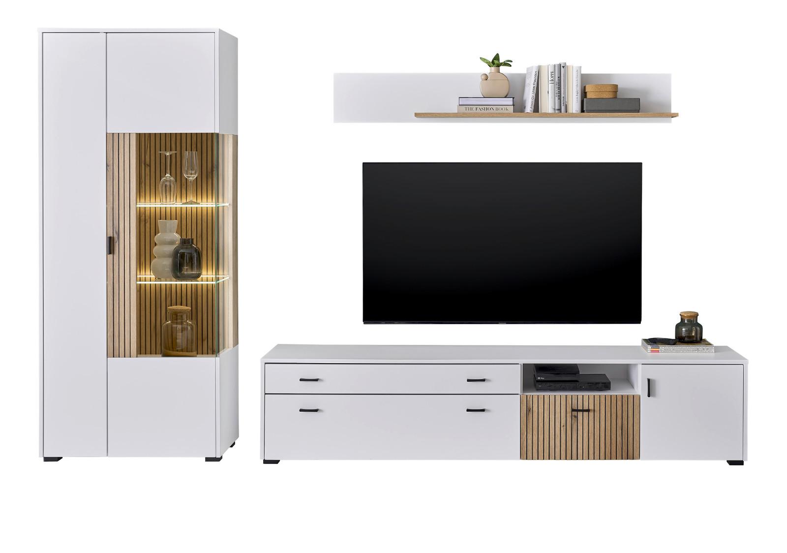 WOHNWAND 3-teilig weiß matt, Eiche 285 cm, Wohnkombination mit Soft-Close - Eichefarben/Schwarz, Glas/Holzwerkstoff (285/180/42cm) - Furn.Design