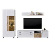WOHNWAND 3-teilig weiß matt, Eiche 285 cm, Wohnkombination mit Soft-Close - Eichefarben/Schwarz, Glas/Holzwerkstoff (285/180/42cm) - Furn.Design