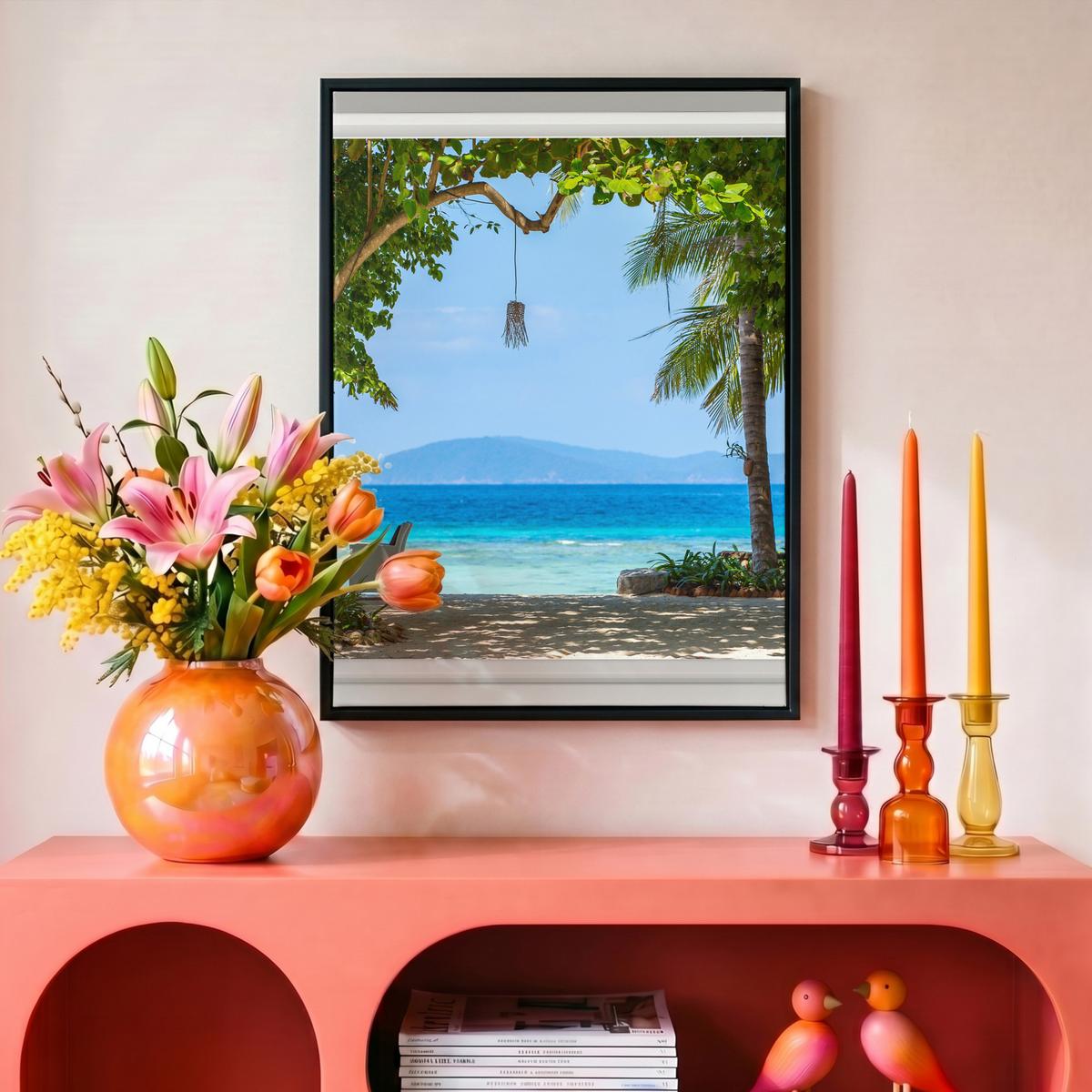 LEINWAND Bilder mit Rahmen - Aussicht - Baum - Meer - Palme - Hügel - Strand - Blau - 30x40 - Blau, Textil (30/40cm) - MuchoWow