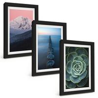 BILDER SET 3er Set - 20x30 cm Schwarzer Rahmen - Berge, rosa Himmel, Wasser, Sukkulente - Schwarz, Kunststoff (20/30cm) - TULUP