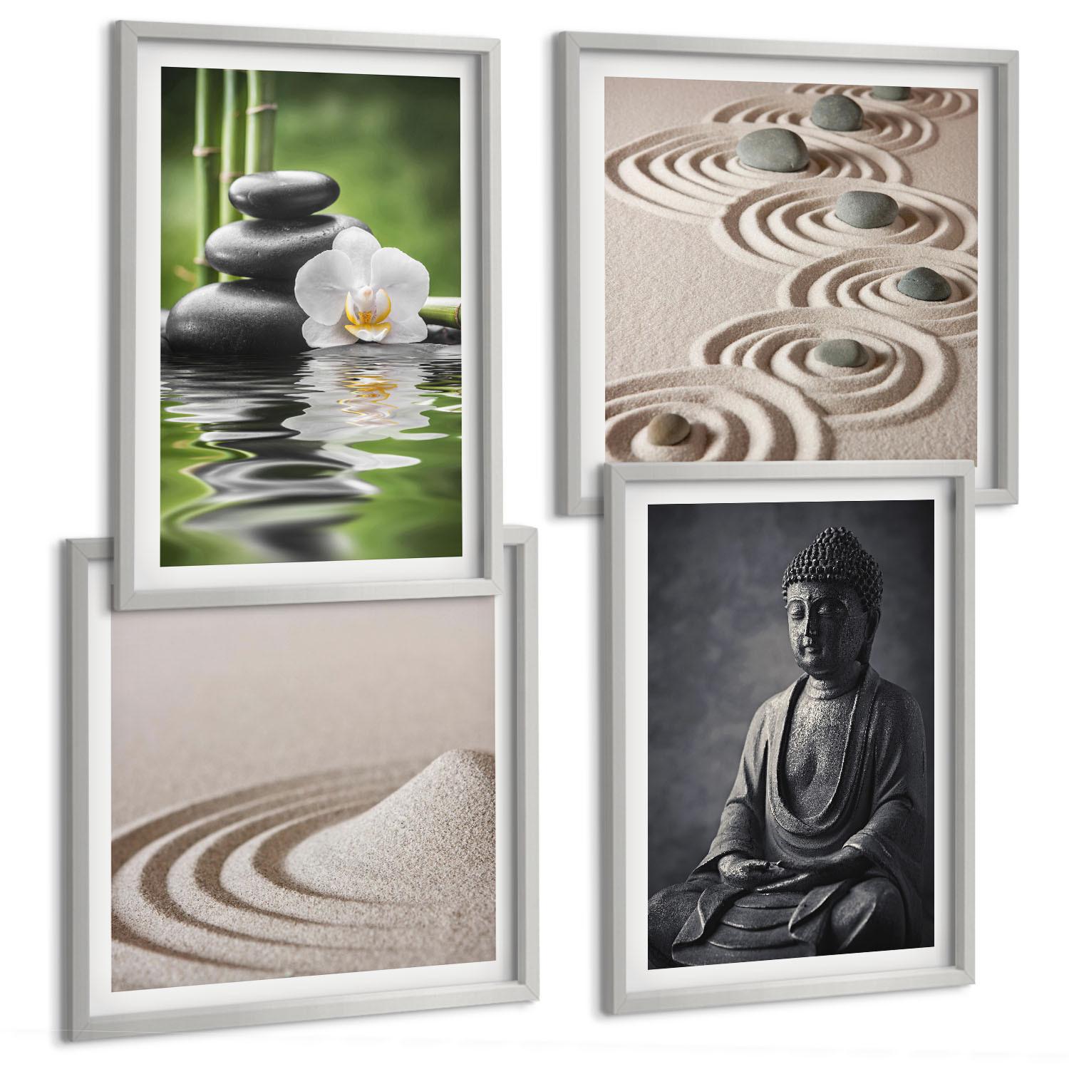 BILDER SET 4er Set - 50x50 cm & 40x60 cm Silberner Rahmen - Ein entspannter Buddha am Strand - Silberfarben, Kunststoff (50/50cm) - TULUP
