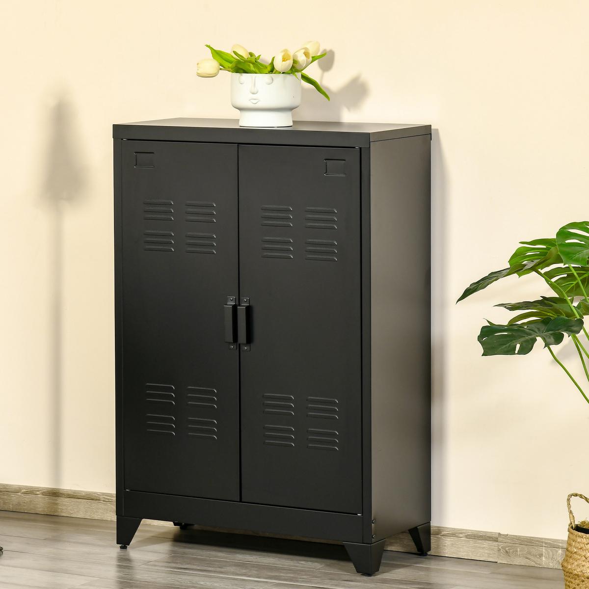 SIDEBOARD mit Lamellentüren Metallschrank mit verstellbaren Einlegeböden - Schwarz, Metall (33/110/75cm) - HOMCOM