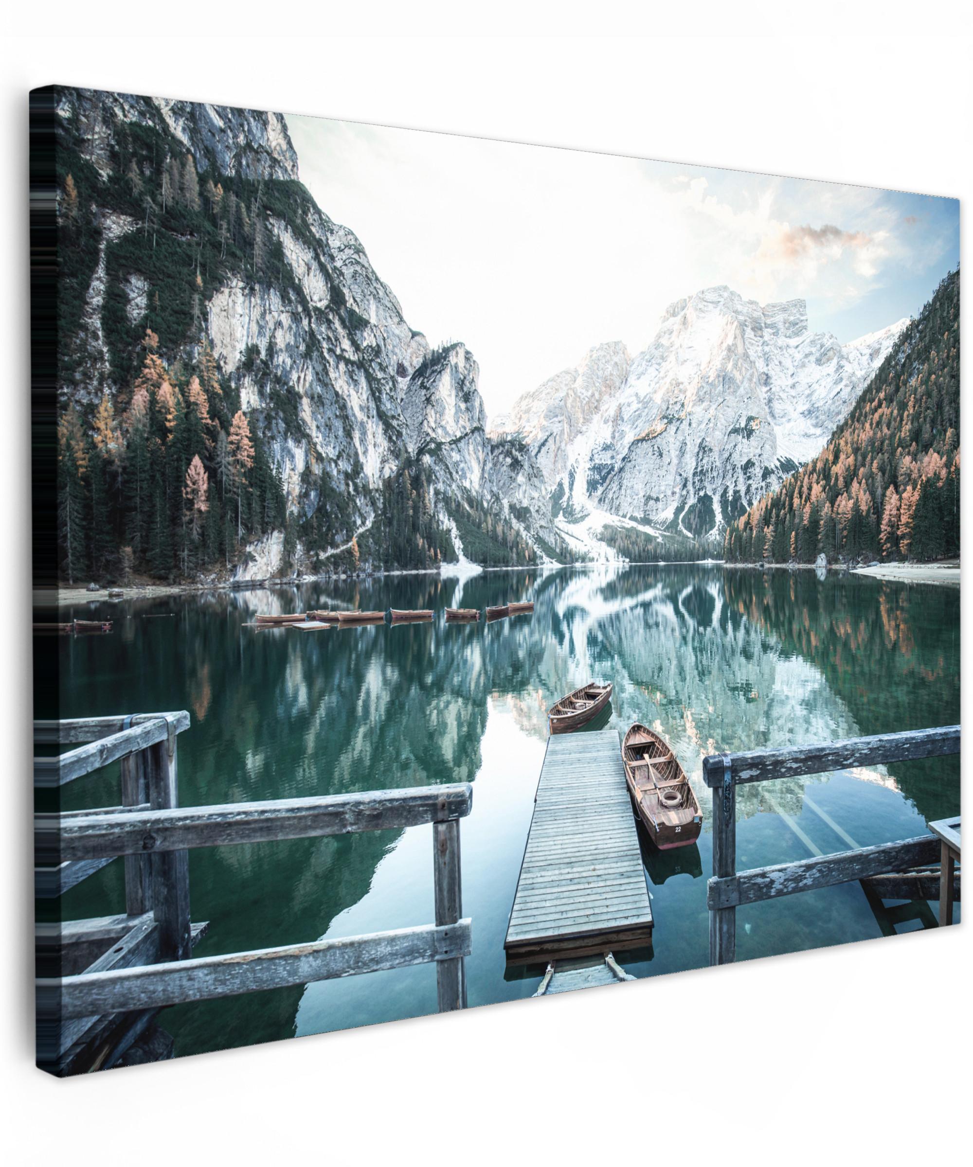 LEINWANDBILD Natur - Berge - Schnee - Wald - Boot Wandbild 40x30 cm - Hellgrün, Textil (40/30cm) - MuchoWow