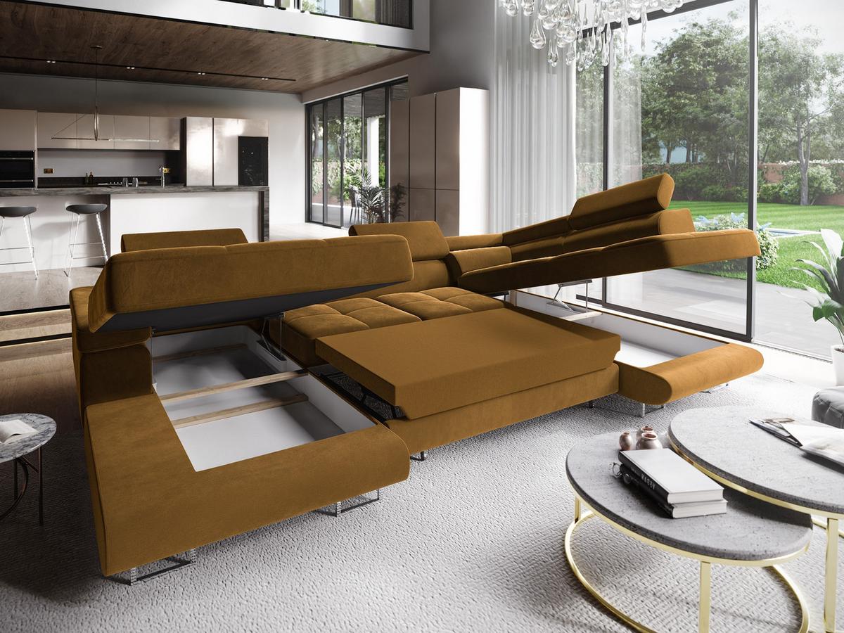 WOHNLANDSCHAFT CASONE R-S Gelb Velours-Stoff mit Schlaffunktion - Gelb/Silberfarben, Holz/Textil (345/90/202cm) - MASSENO