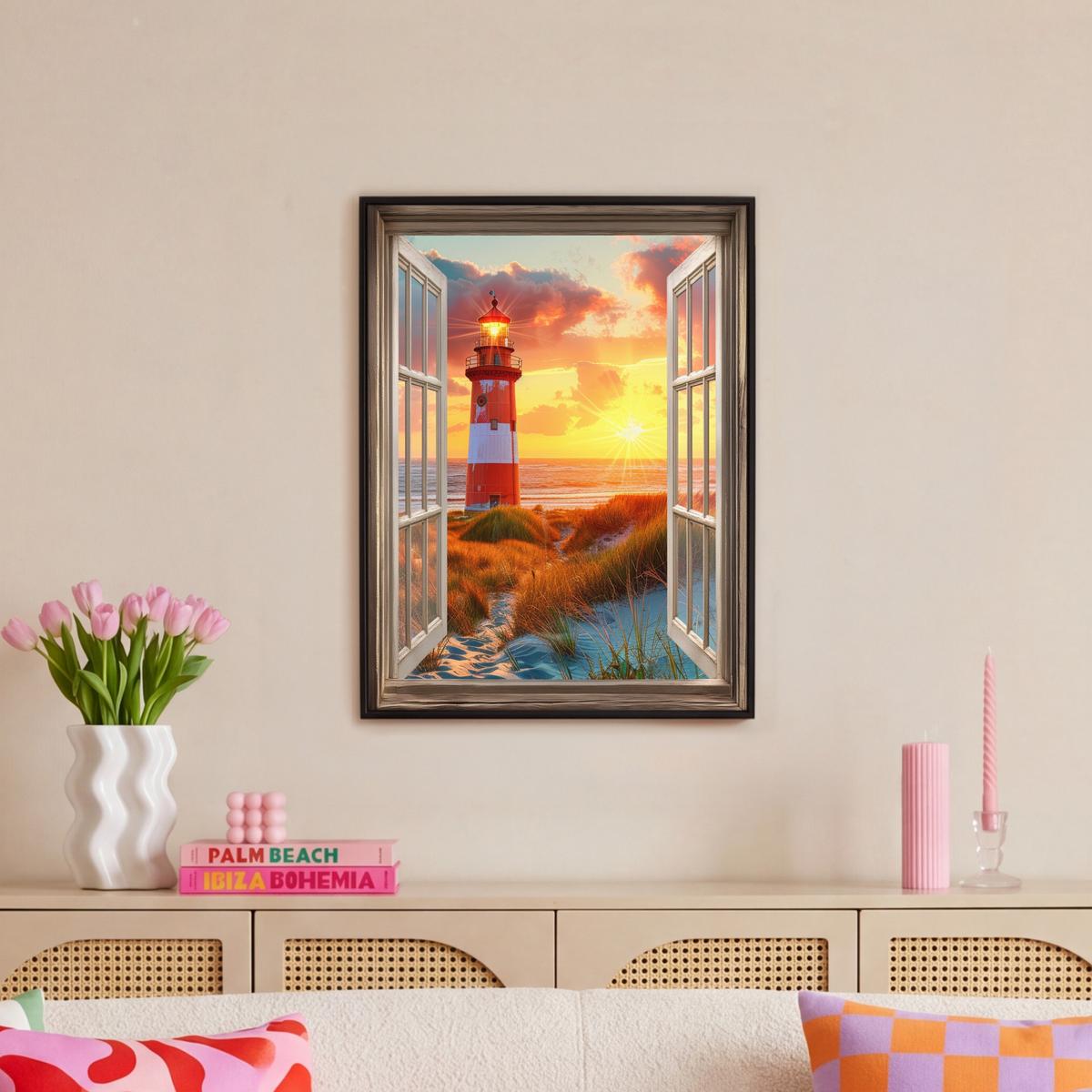 LEINWAND Bilder mit Rahmen - Aussicht - Fenster - Leuchtturm - Sonnenuntergang - Strand - 50x70 - Dunkelorange, Textil (50/70cm) - MuchoWow