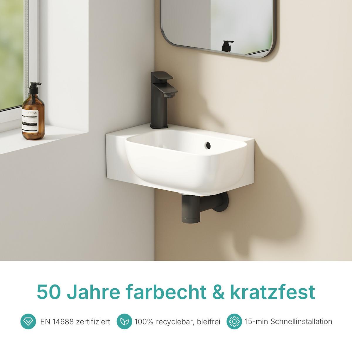 HANDWASCHBECKEN Links-Wasserhahnloch 40 / 25 / 14 cm - Weiß, Keramik (40/14/25cm) - EMKE