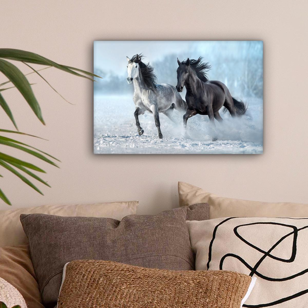 LEINWANDBILD Pferde - Winter - Tiere - Natur - Schnee Deko Schlafzimmer 30x20 cm - Anthrazit, Textil (30/20cm) - MuchoWow