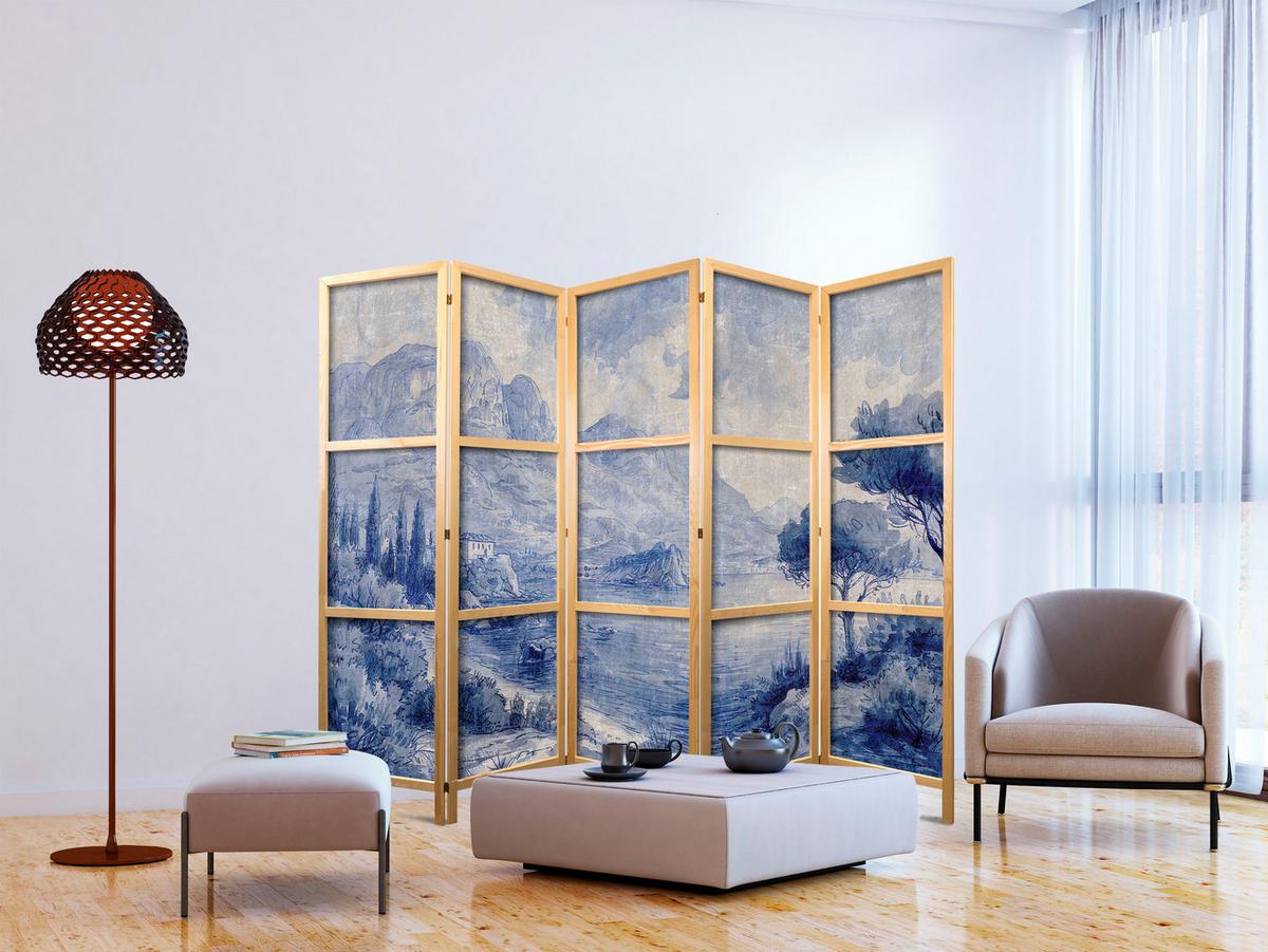 PARAVENT Japanischer 5-tlg 225x172 cm Blaue Landschaft - Blau, Holz/Textil (225/172/3cm) - Muralo