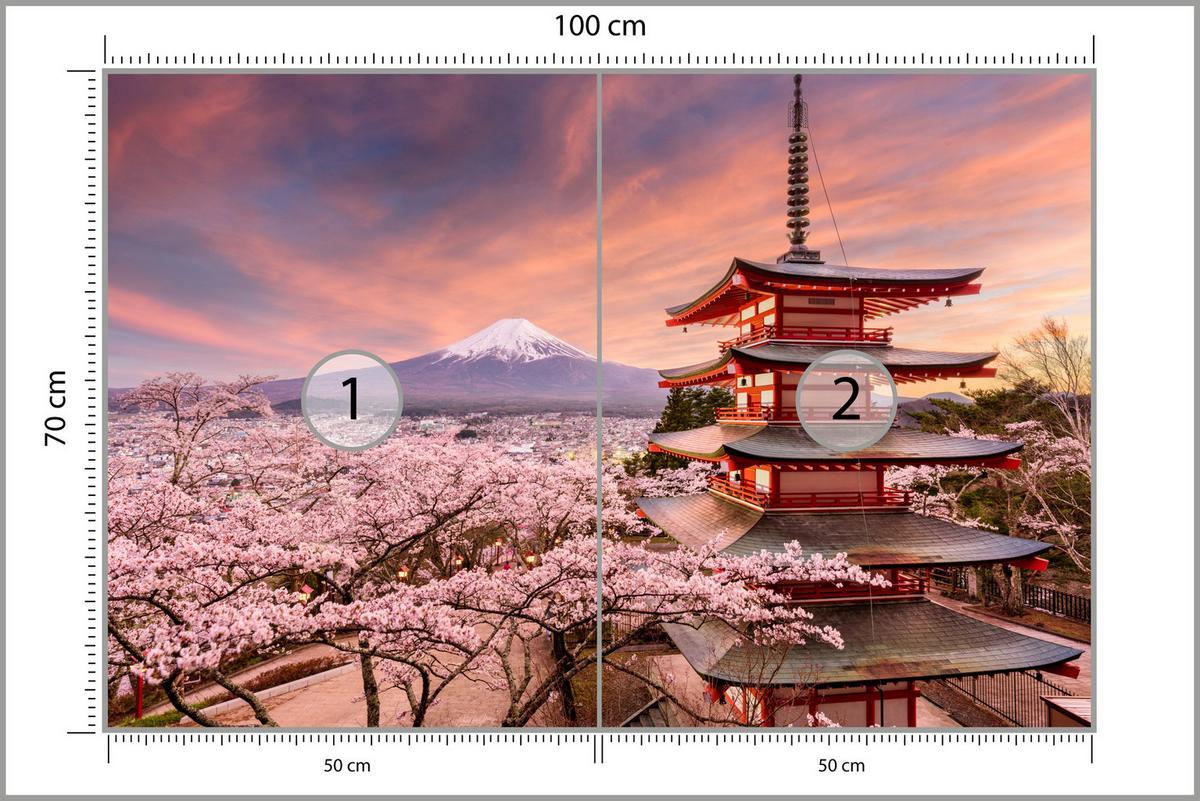FOTOTAPETE Pagode Berg Fuji Sakura Landschaft 3D 100x70 - Rot/Violett, Papier (100/70cm) - Muralo