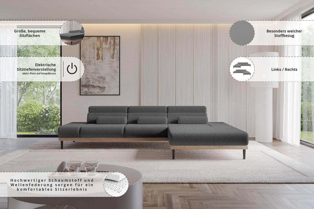 ELEKTRISCHES ECKSOFA Rechts MONA 316x205x85 Grau Bouclé - Silberfarben/Grau, Holzwerkstoff/Textil (316/205cm) - ALTDECOR